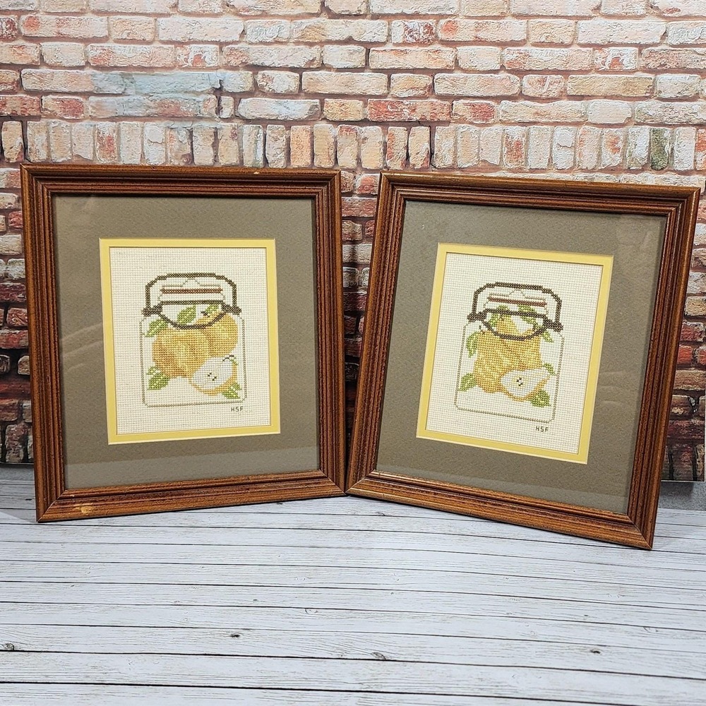 Vintage Cross Stitch Pear Fruit Still Life Framed Set Wall Art Farmhouse Kitchen